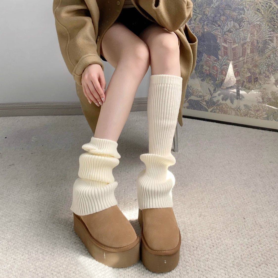 针织袜套白色小腿袜加厚保暖冬季日系jk堆堆袜显腿细粗腿lolita