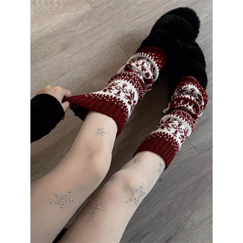 氛围雪花秋冬保暖叠穿圣诞小腿袜费尔岛复古针织袜套女韩系堆堆袜