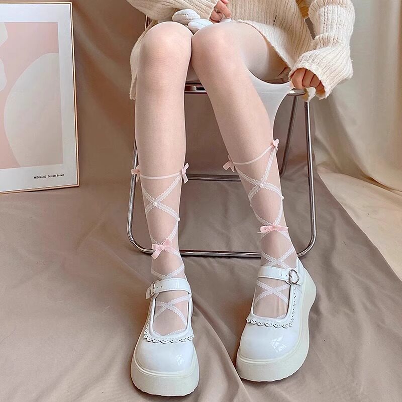 绑带蝴蝶结连裤袜女春秋薄款性感白丝洛丽塔学生袜白色丝袜纯欲风