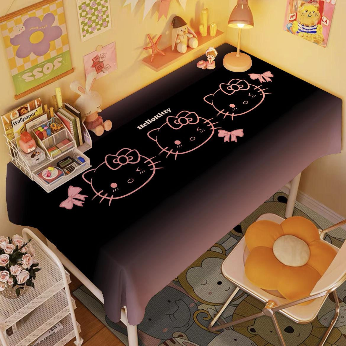 ins风黑粉HelloKitty桌布少女心三丽鸥可爱书桌化妆桌茶几防尘布
