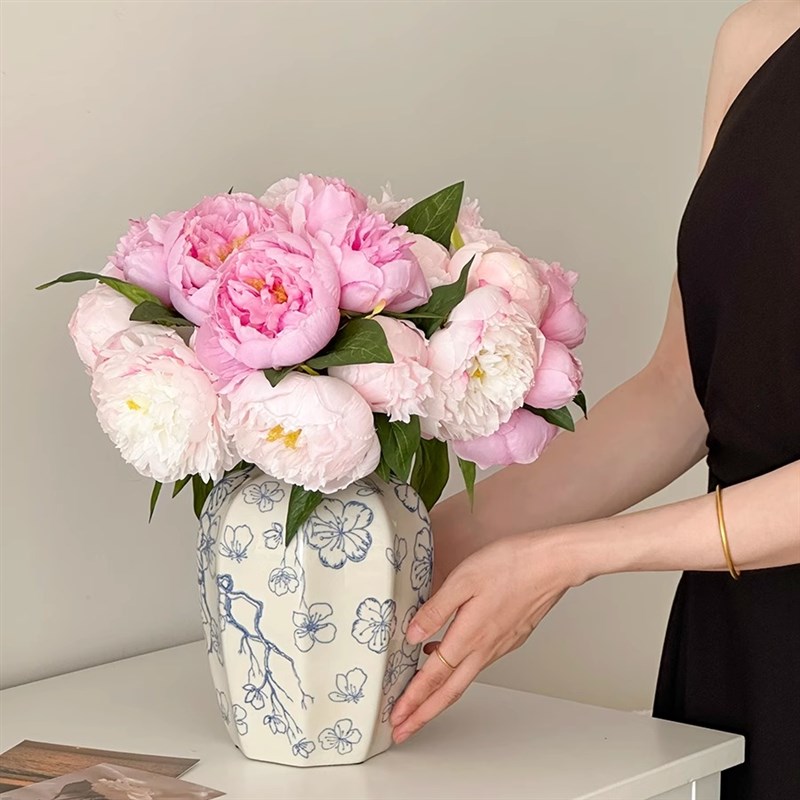 芍药假花仿真花新中式高级感青花瓷陶瓷花瓶摆件摆设仿生花束插花