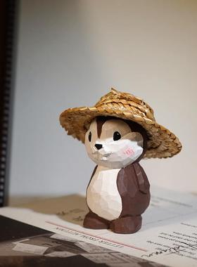 花栗鼠手工木雕小摆件可爱卡通动物办公书桌面摆放工位装饰品萌物