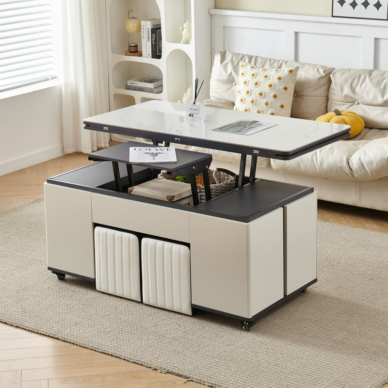 月入梦岩板升降茶几小户型折叠伸缩大储物多功能茶几餐桌两用送凳