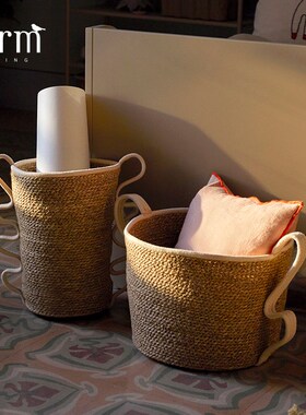 丹麦进口Ferm Living海草编织收纳筐套装家用儿童娃娃玩具储物篮