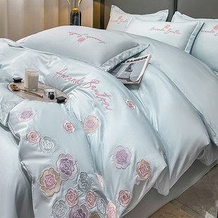 冰丝四件套天丝被套丝滑裸睡轻奢高级感刺绣山茶花床笠款 夏季 床品