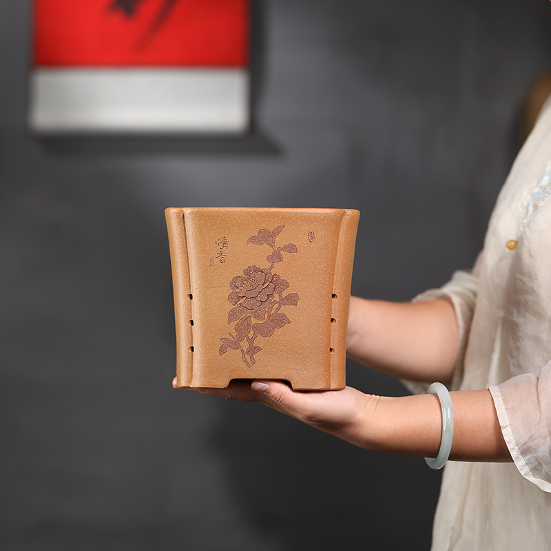 尚扣紫砂 降坡泥海棠口花盆 手工古典长方君子兰盆桌面绿植花器