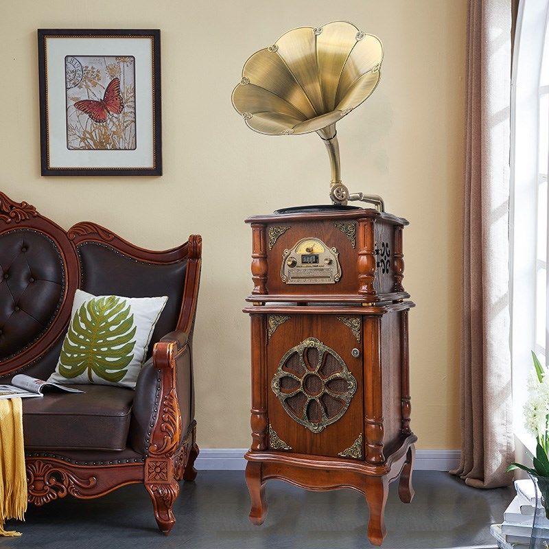 今墨复古留声机客厅黑胶唱片机实木老式仿古流声机留音机206拉门