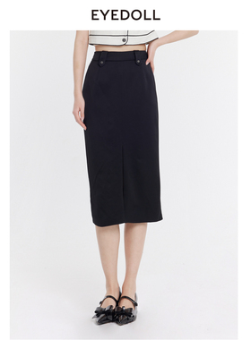 EYEDOLL夏季新款简约百搭时尚黑色中长款半身裙