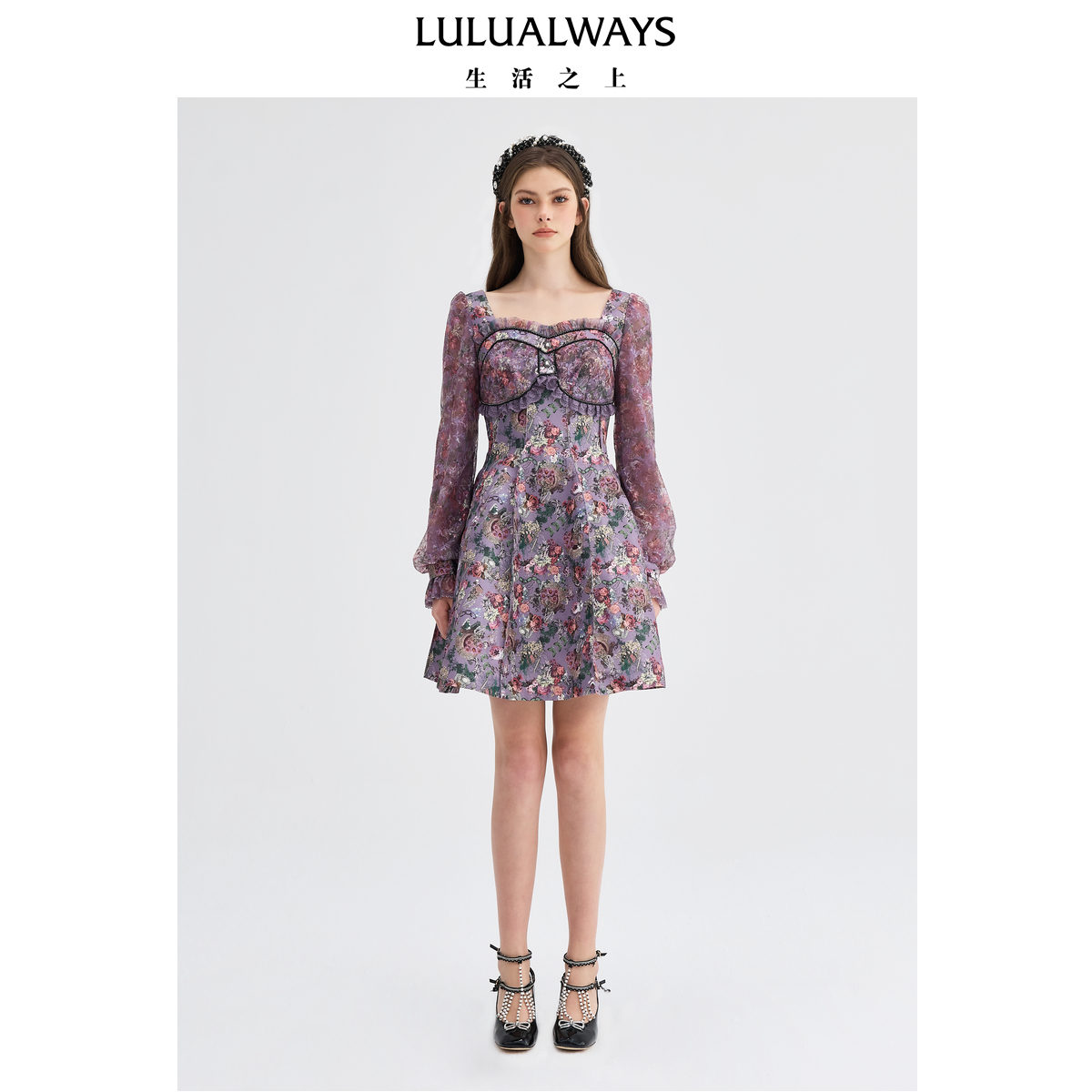 LULUALWAYS我爱露露24秋季新款优雅仙女风方口领印花短款连衣裙女