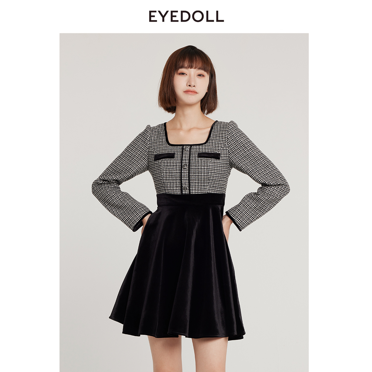 【奥莱】EYEDOLL浪漫复古格子拼接方领短款连衣裙