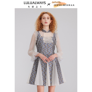 印花宫廷风珍珠立领网纱长袖 法式 奥莱 A字连衣裙 LULUALWAYS
