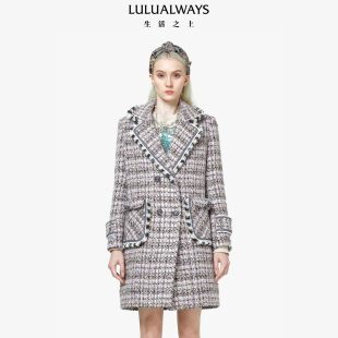 毛呢大衣外套女 LULUALWAYS紫色格子优雅中长款 奥莱