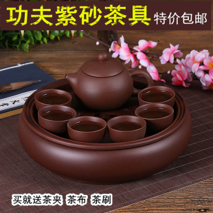家用功夫紫砂茶盘潮汕陶瓷茶杯整套泡茶简约圆形茶壶 现代茶具套装