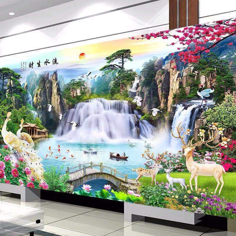 2020新款钻石画满钻客厅5D砖石山水画十字绣流水生财点贴孔雀风景