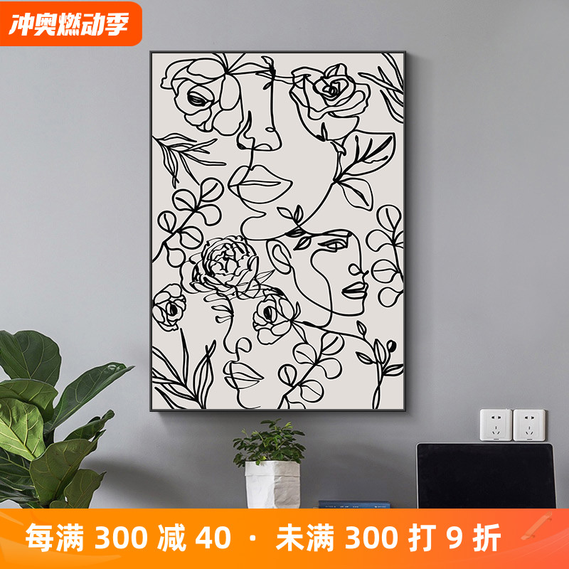 黑白线条抽象装饰画工业风人物几何挂画现代客厅样板间创意壁画图片