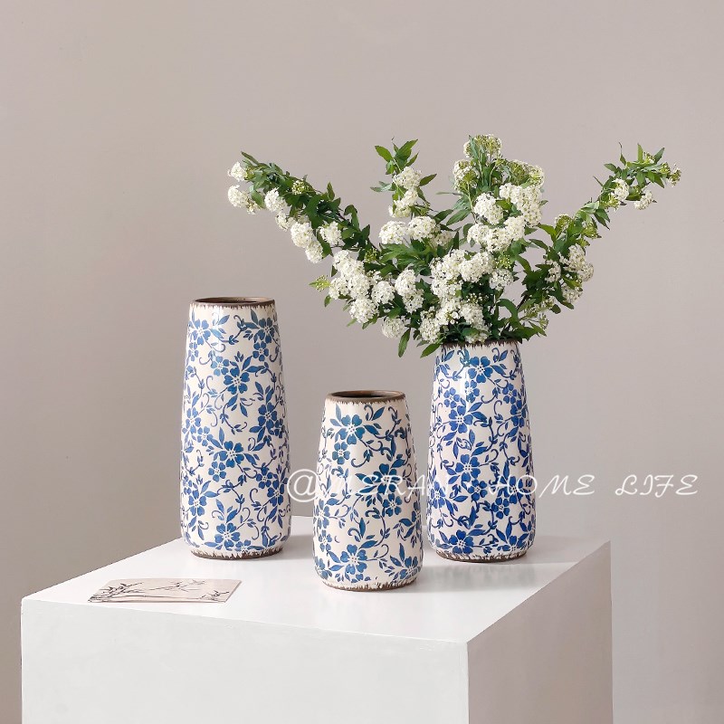 高级感新中式青花瓷做旧复古陶瓷花瓶客厅玄关装饰品摆件插花花器图片