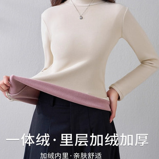 加绒半高领打底衫女秋冬季内搭加厚2025新款绒羊一体绒羔保暖上衣
