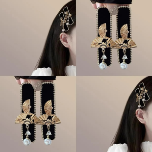 新中式金色折扇发夹女珍珠流苏侧边夹高级感古风氛围感一字夹头饰