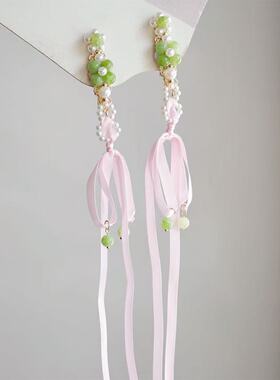 凌妙妙汉服古风花朵绿色飘带发夹发钗蝴蝶结流苏儿童头饰配饰新款