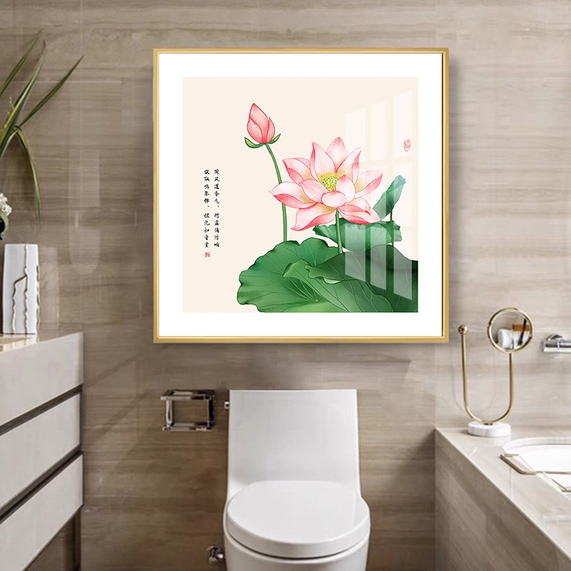 荷花图挂画卫生间墙面装饰画玄关正方形背景墙画饭店莲花包厢壁画