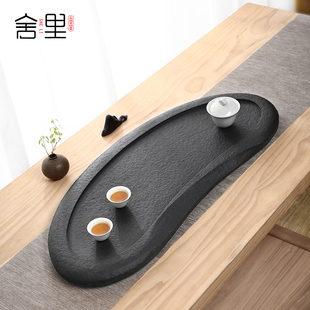 整块天然乌金石茶盘圆形家用简约小茶海排水石材功夫茶台轻奢茶具