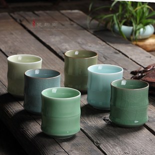 青瓷陶瓷家用茶杯6色冰裂开片品茗竹节办公杯待客180ml小杯子套装