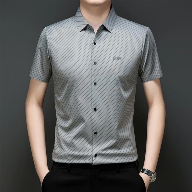 师凯服饰5短袖衬衫夏季凉感透气冰丝条纹衬衣弹力百搭休闲上衣