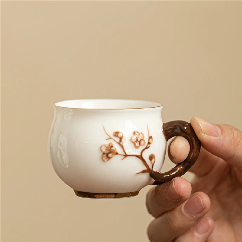 中妙1德化茶具羊脂玉手工捏花茶杯陶瓷茶具主人杯品茗杯功夫茶具