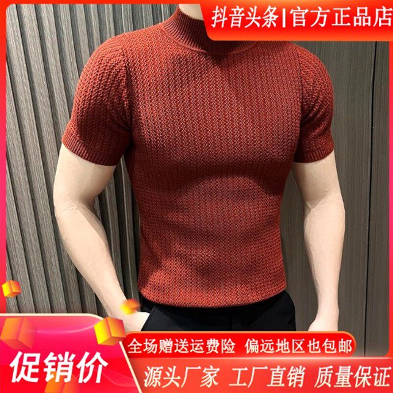 禾木衣舍严选设计师款半高领男短袖t恤爆款2026新款痞帅条纹针织