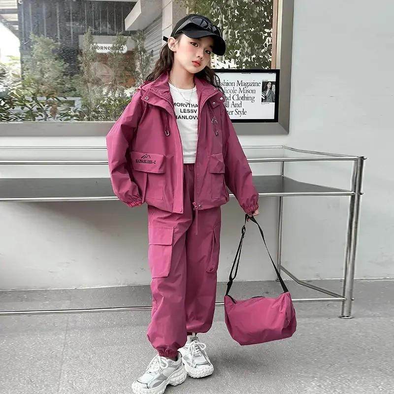 春瑞阁女童秋装套装秋季新W儿童洋气字母口袋拉链连帽工装两件套