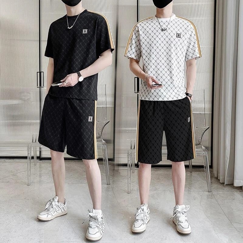 男士冰丝休闲运动套装薄款衣服夏季新款韩版潮流帅气搭配两件套