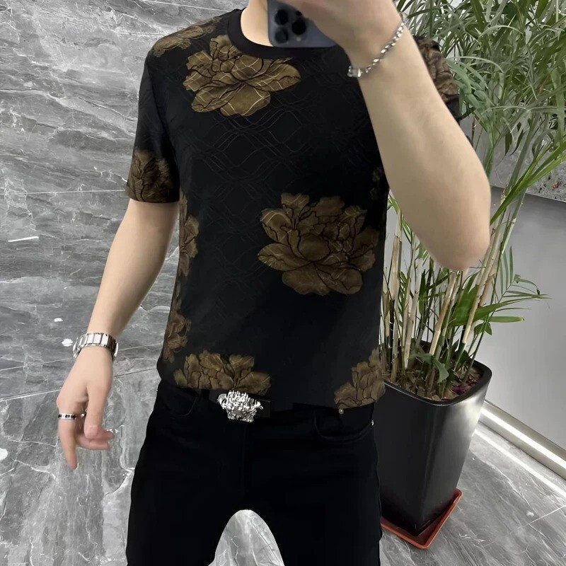 丝萝百货优品专柜夏季新款男时尚潮流修身圆领印花透气短袖冰丝T