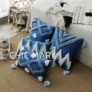 摩洛哥蓝色波浪几何沙发客厅簇绒抱枕靠四角流苏民宿午睡靠枕靠垫