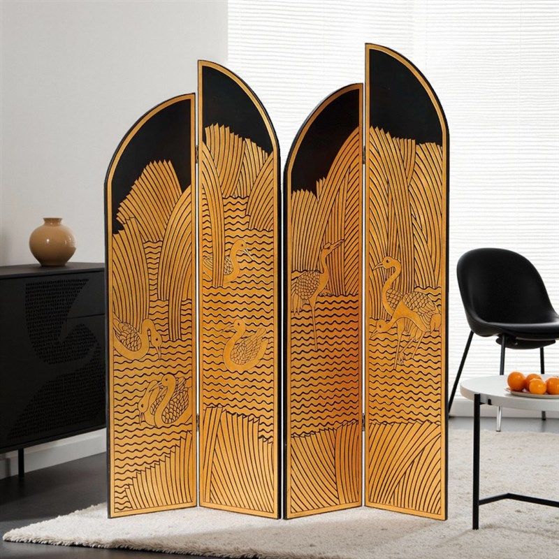 现代中式风格屏风折叠雕刻山水仙鹤漆画屏风隔断遮挡隔板折屏