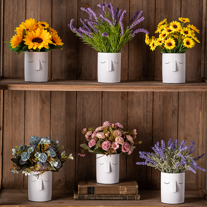 创意人脸人像水泥花盆栽仿真假花束个性客厅餐桌室内桌面摆件装饰