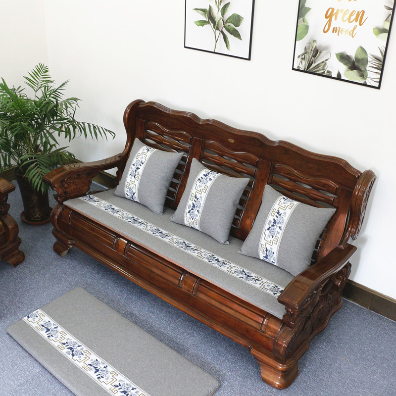 亚麻红实木沙发垫老式木头家具单人三人连体防滑坐垫四季通用