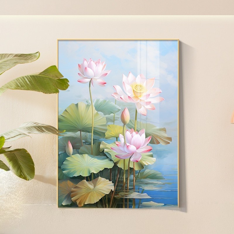 和气生财现代简约客厅装饰画晶瓷写实桌面摆画高级感荷花玄关挂画图片