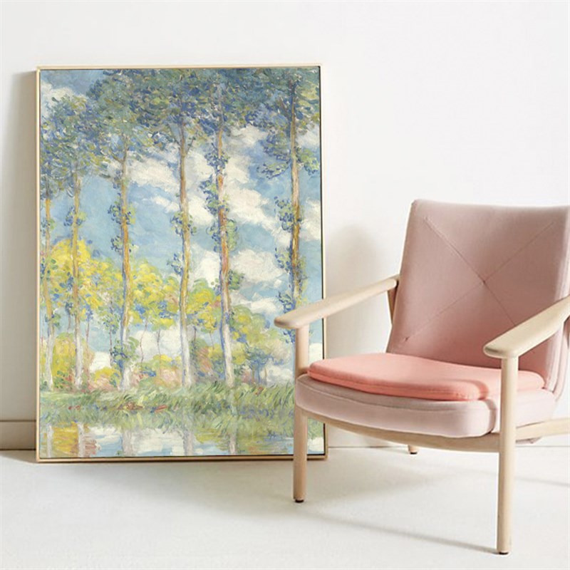 杨树莫奈风景油画卧室床头装饰画客厅背景挂画竖版欧式无框画