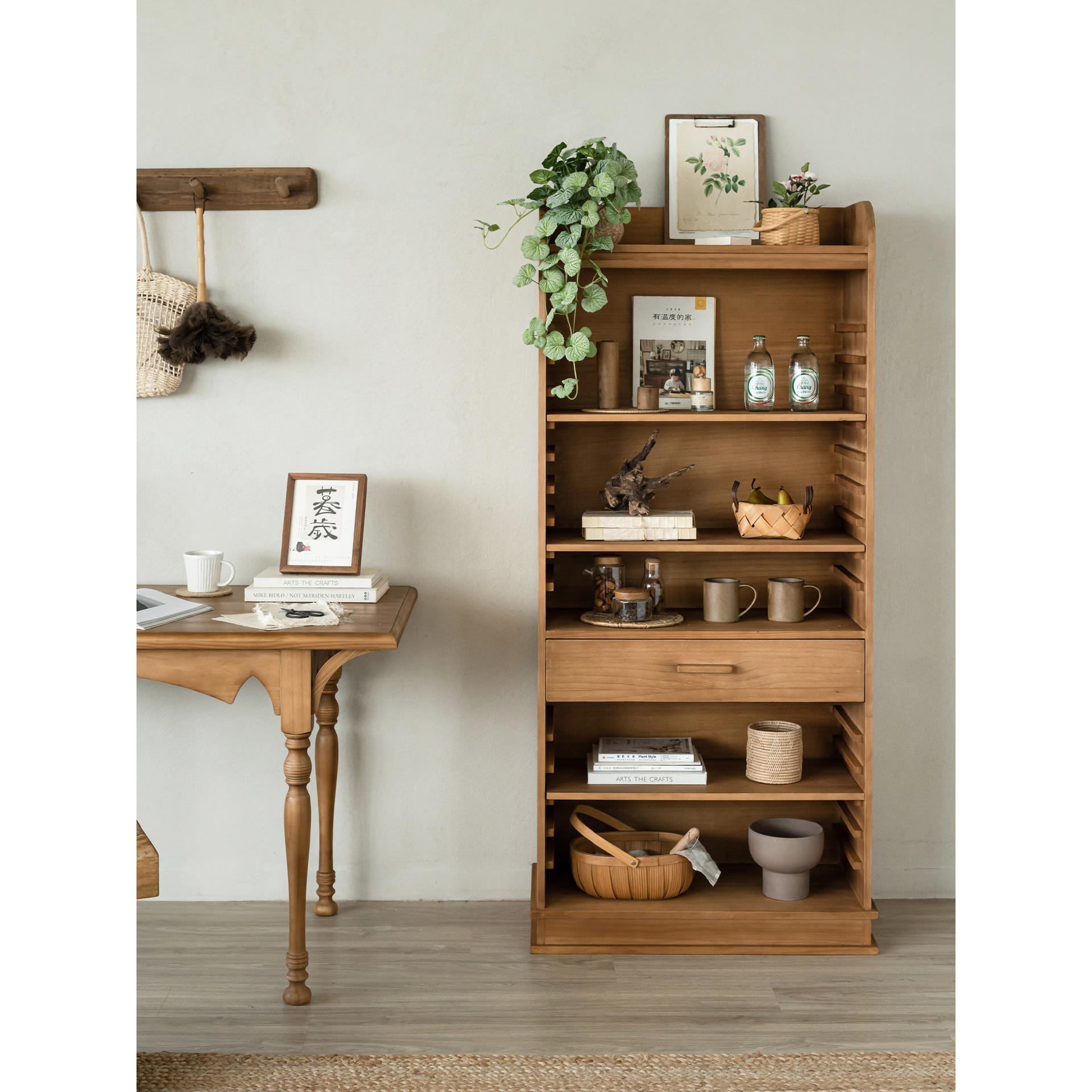 润家家居实木可移动层板展示柜原木风简约搁板收纳柜落地松木书柜