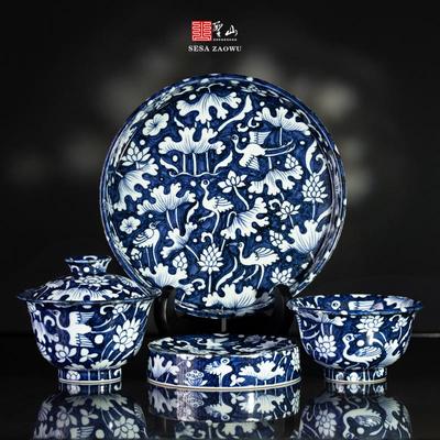 圣山仿元青花一鹭莲升满绘手工盖碗景德镇仿古陶瓷茶具盖碗套组