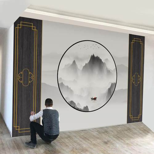 现代新中式电视背景墙壁纸写意山水壁画客厅3D墙布卧室书房8d墙纸