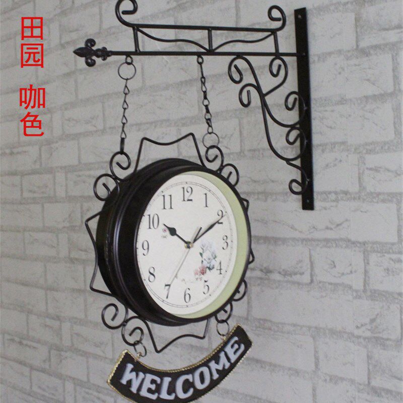 欧式面挂钟客厅创意时尚大号时钟两面挂钟田园静音铁艺钟表