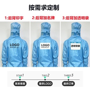 百级网格无尘服连体洁净车间防尘工作服带背标有口袋防静电橙蓝色