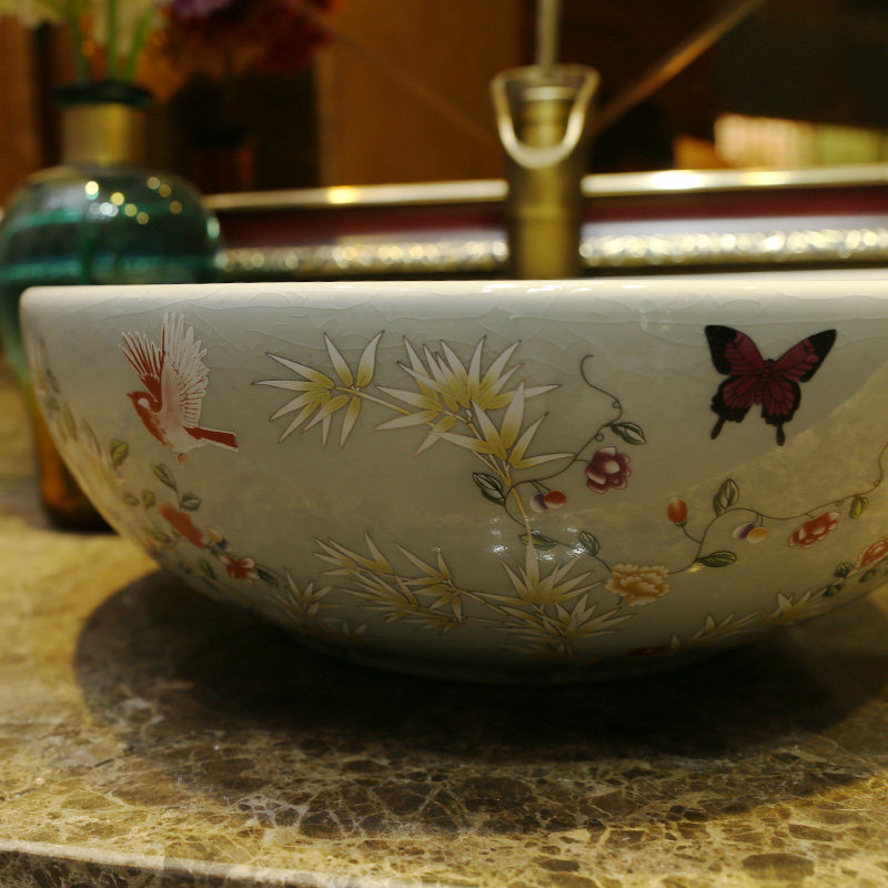 景焱花鸟冰裂纹台上盆cm小号陶瓷洗脸盆家用圆形台上洗手盆