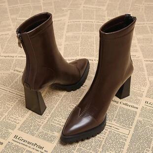 觅华轻奢女鞋企业店尖头短靴女士粗跟高跟小个子法式瘦瘦靴