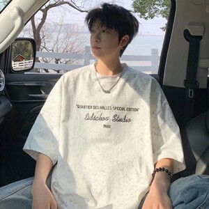 简亦甄选百货夏季扎染刺绣棉质短袖T恤青少年潮流重磅凉感半袖宽