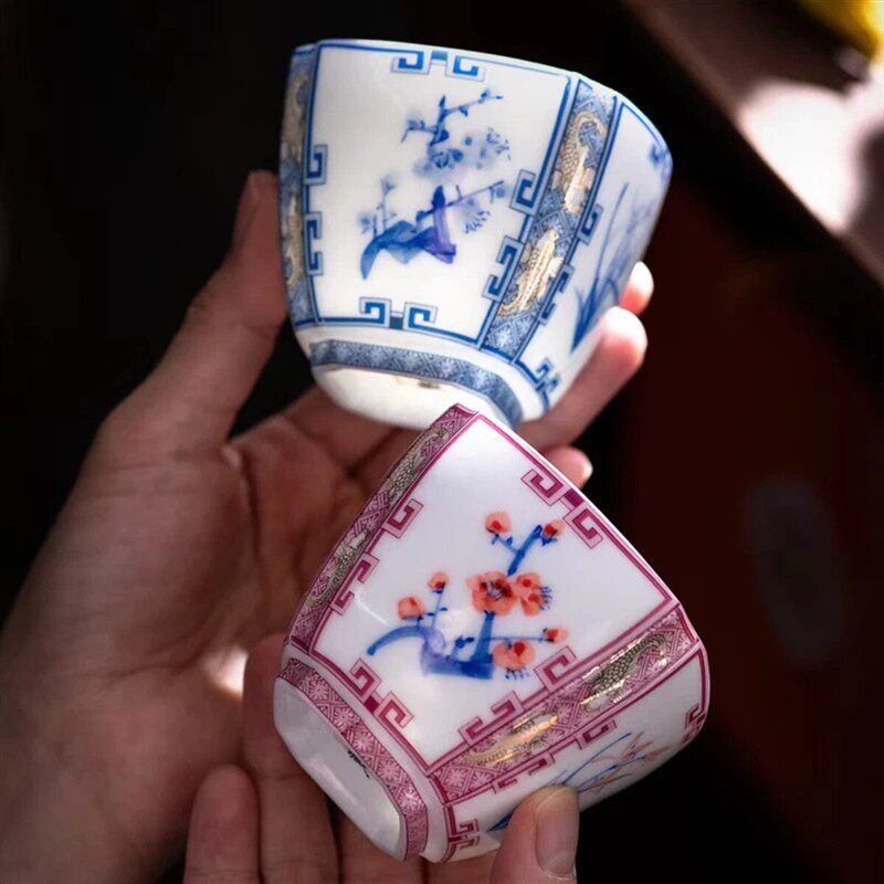 手绘梅兰竹菊四君子杯白瓷品茗杯家用办公青花釉里红主人单杯茶杯
