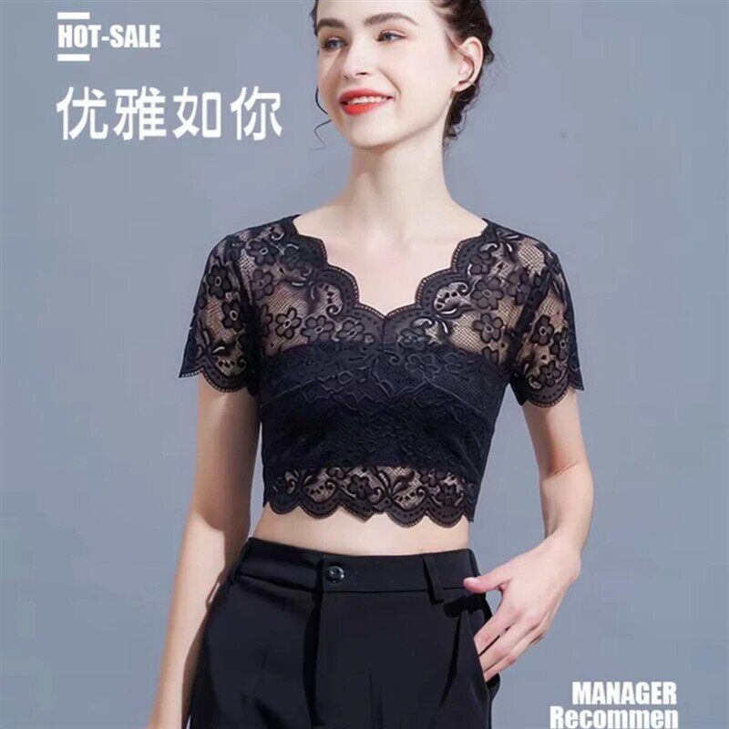 1培韵风尚镂空蕾丝短袖打底衫女裙内搭防走光透明薄纱半截上衣