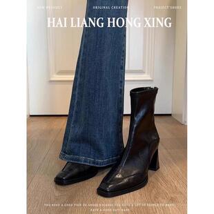 觅华轻奢女鞋企业店高跟短靴女秋冬黑色法式粗跟弹力瘦瘦马丁靴