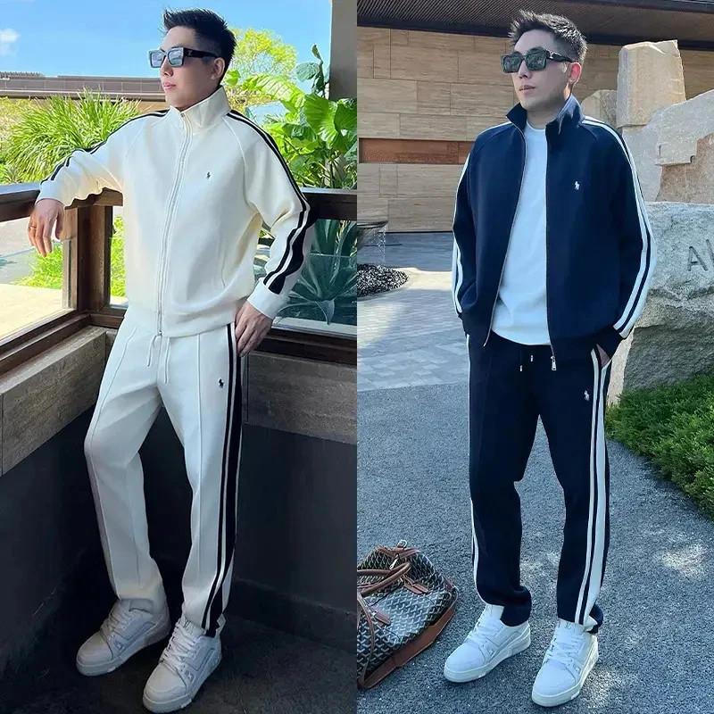 海哥轻奢男装立领拼接运动休闲套装男百搭帅气e开衫卫衣卫裤两件